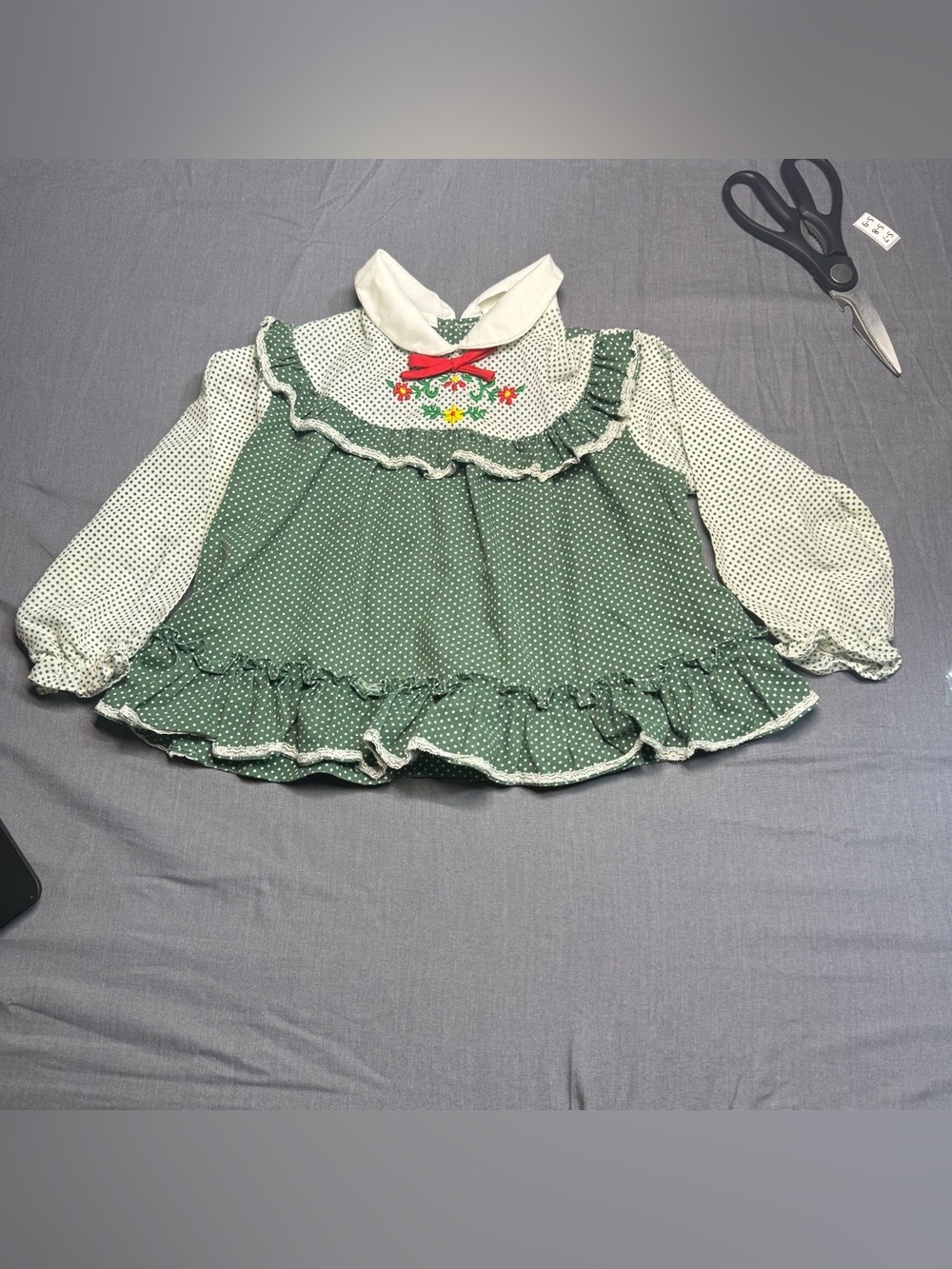 Vintage Girls Green Polka Dot Ruffle Blouse with Embroidered Collar